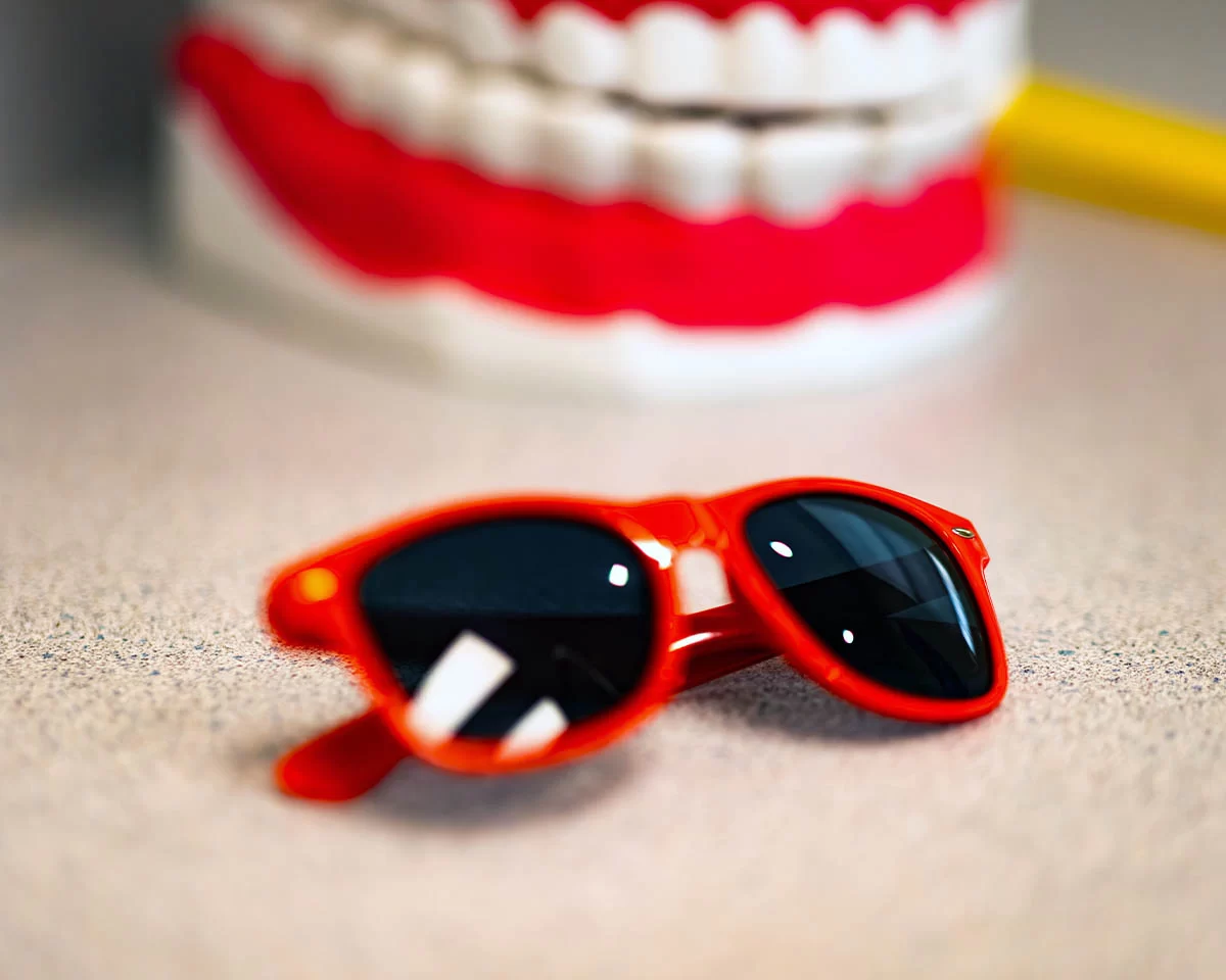 Red sunglasses and model teeth